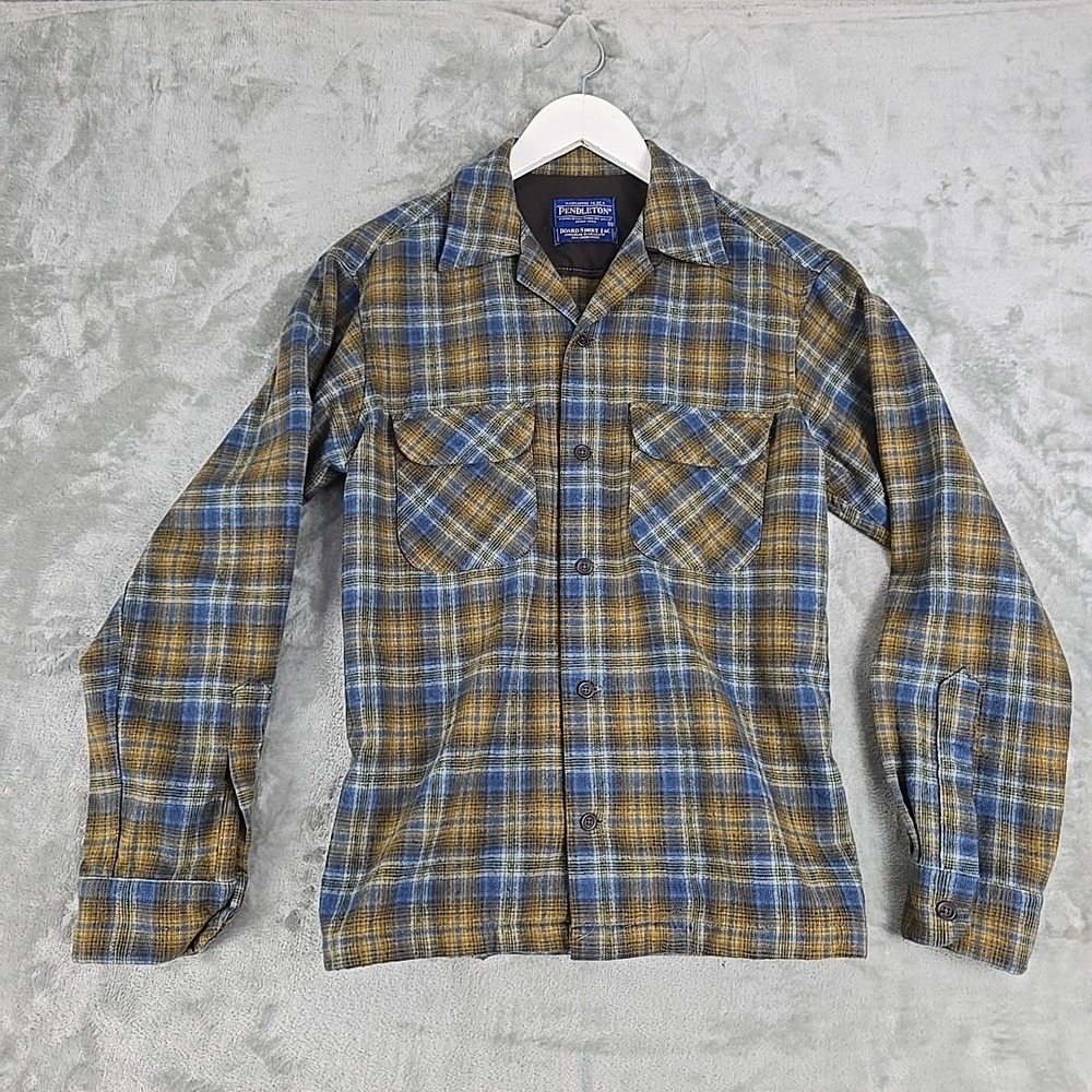 Pendleton Men's Board Shirt Jac Wool Plaid Flannel Loop‎ Collar XS Blue Yellow